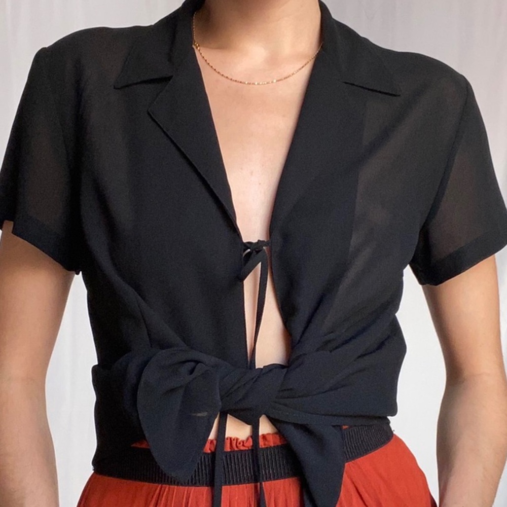 Casual Annex Black Tie-Front Short Sleeve Shirt
